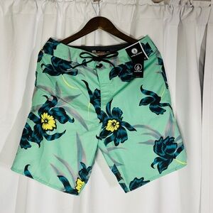 Volcom Mint and Black Floral Swim Trunks